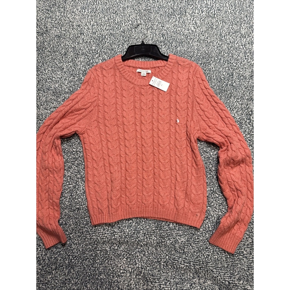 American Eagle Cable Knit Sweater Women Large Coral Pink Soft Crew Neck NWT